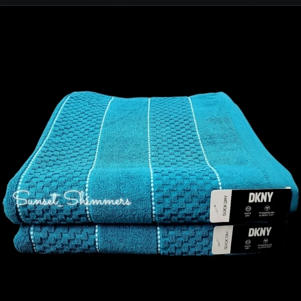 9pc DKNY White Textured Blue Dot Pin Stripe Bath Hand Washcloth Towel Set New